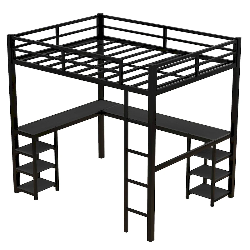 Black Metal Full Loft Bed with Desk and Shelves - L-Shaped Design