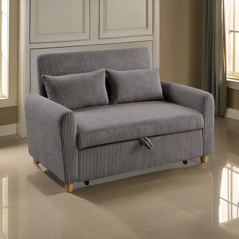 54 Inch Convertible Sleeper Loveseat, Round Arms, 2 Pillows, Brown