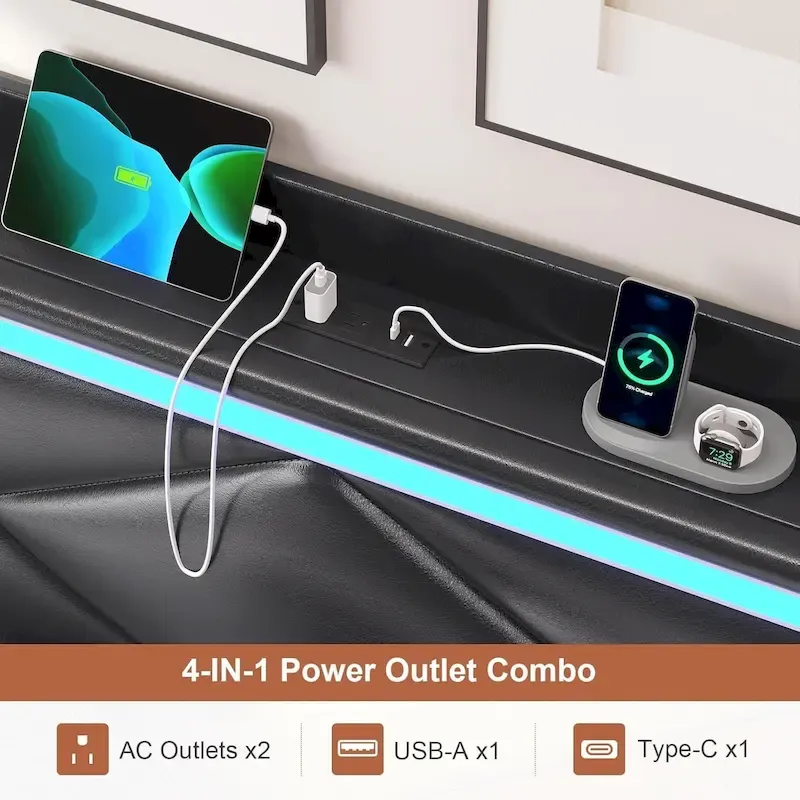 Bed Frame LED Lights Headboard & USB-C/A Charging Station 4 Drawers