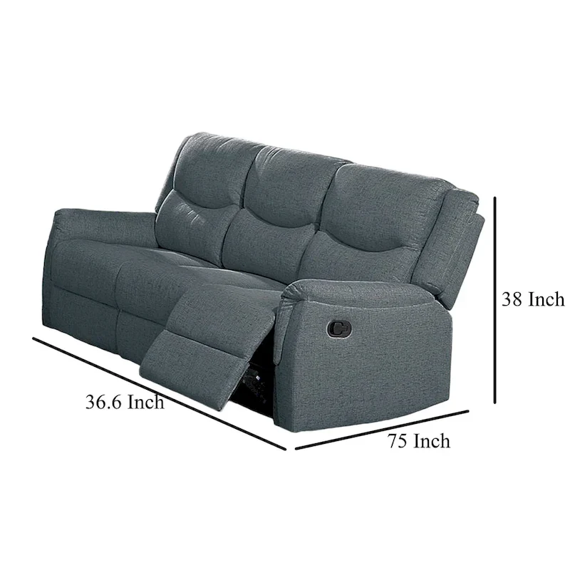 Manual Recliner Sofa, Pillow Arms, 75in Wood, Gray Faux Burlap