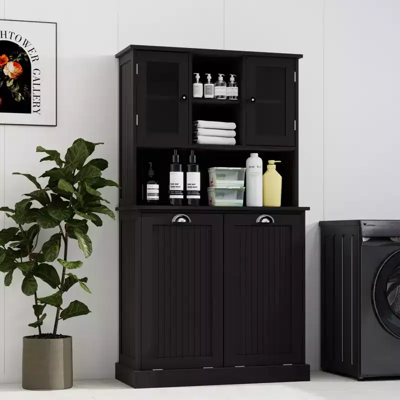 Two-Compartment Tilt-Out Dirty Laundry Basket Tall Bathroom Cabinet with 2 Adjustable Shelves-White