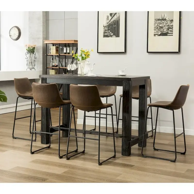 Roundhill Furniture Lotusville 7-PC Antique Black Wood Table with Faux Leather Barstools