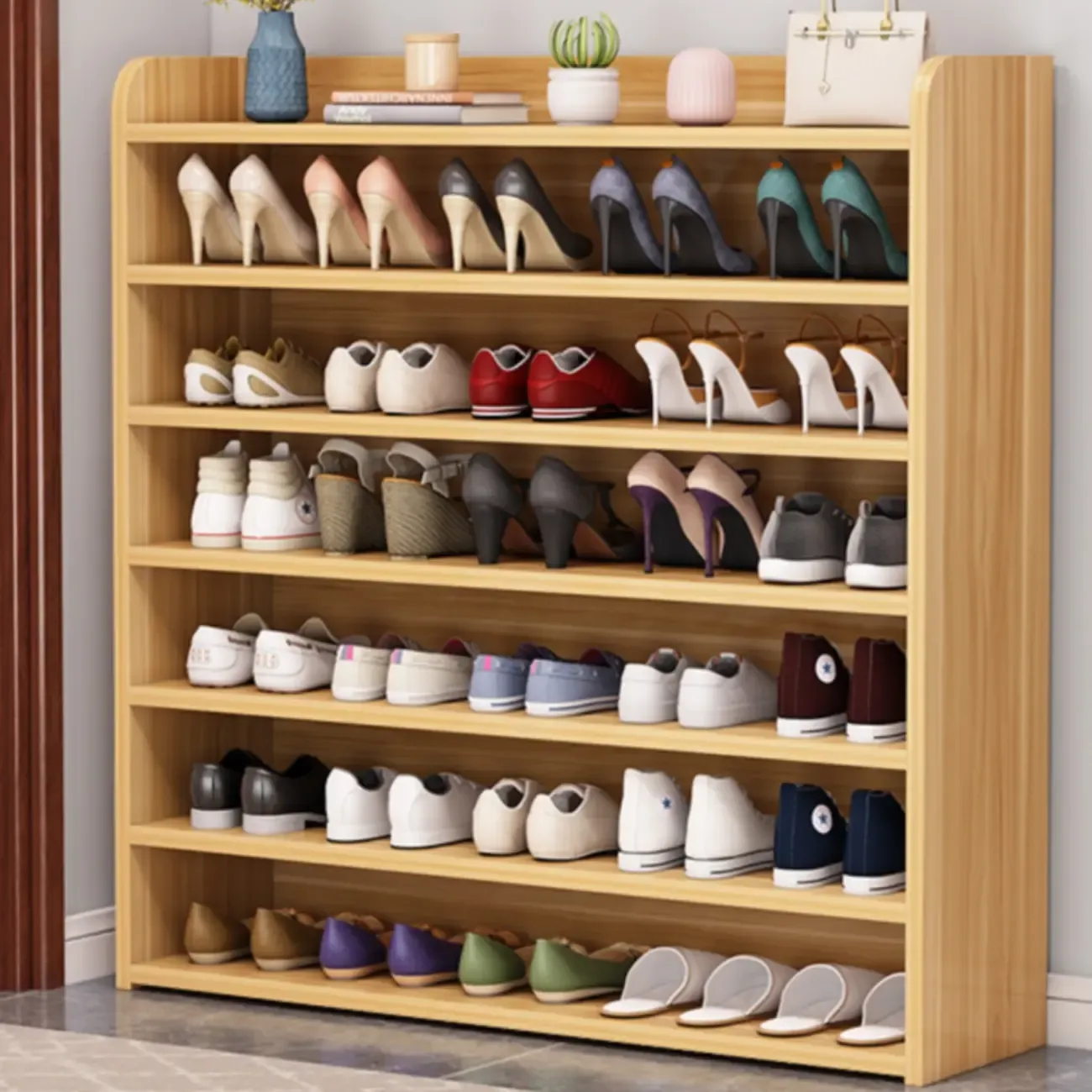Vertical White Wooden Hallway 6-Tier Open Shoe Rack