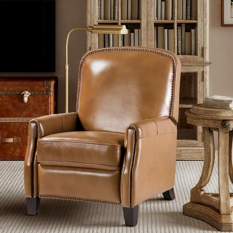 Modern Retro Genuine Leather Recliner with Nailhead Trim & Wooden Frame