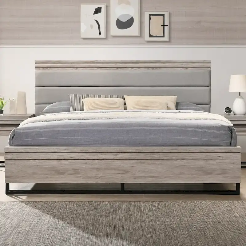 Weathered Gray Upholstered Wood Panel Bed