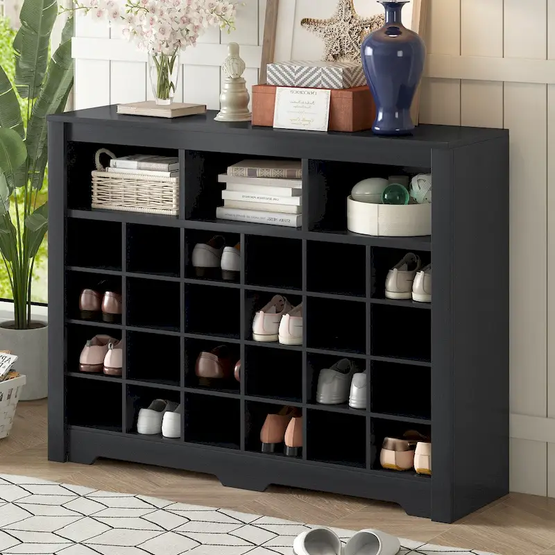 Black / White 24-Cubby Shoe Cabinet with Curved Base, 2-Person Assembly