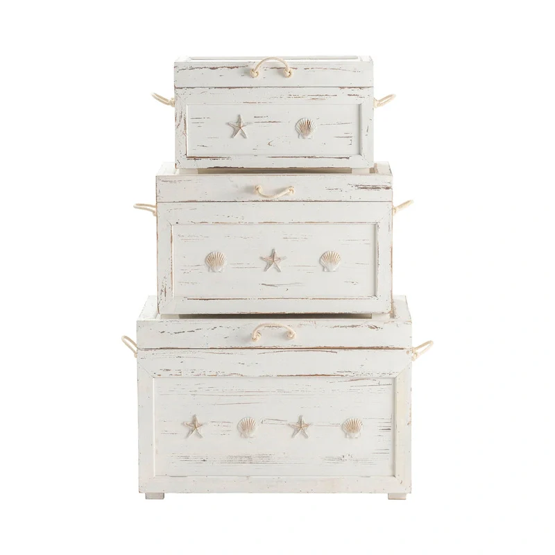 White Wood-Top Storage Trunk Set of 3