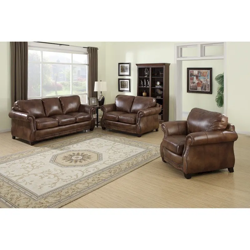 Sterling Cognac Brown Italian Leather Sofa, Loveseat and Chair Set