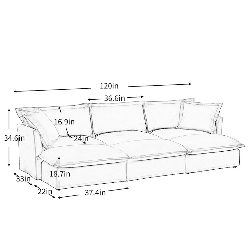 120 Chenille 3-Seater Sofa Set with 3 Ottomans, Sleeper Function & Removable Slipcovers