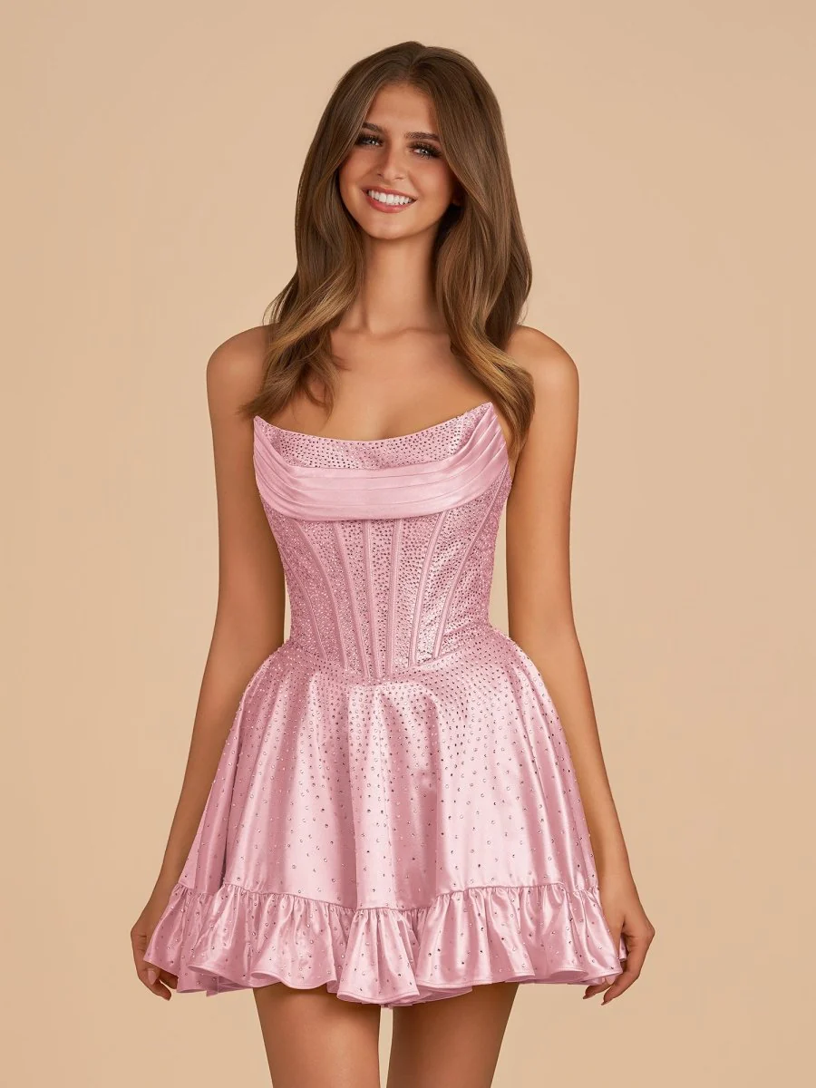 Pink - A Line Scoop Neck Satin Corset Ruffled Homecoming Dresses With Beadings