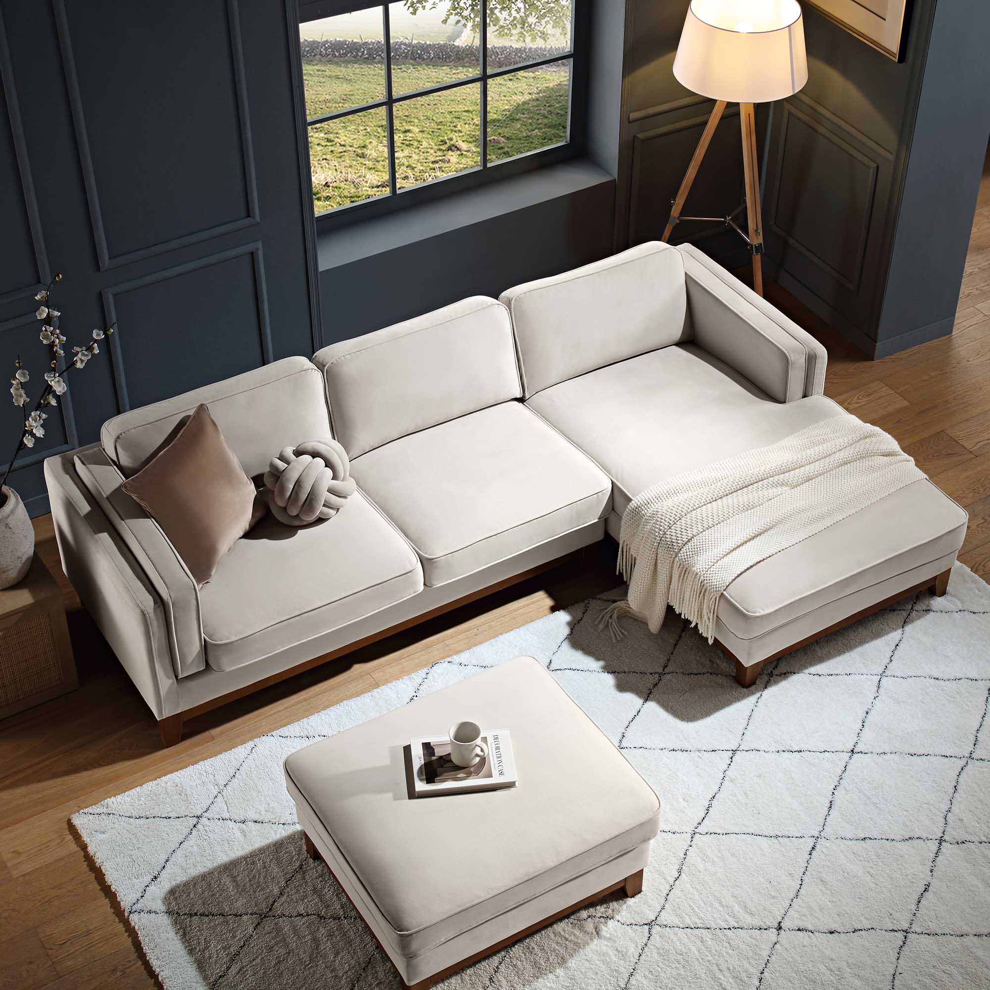 Champagne Velvet Sofa, Grande Chaise Sofa Right Hand Facing