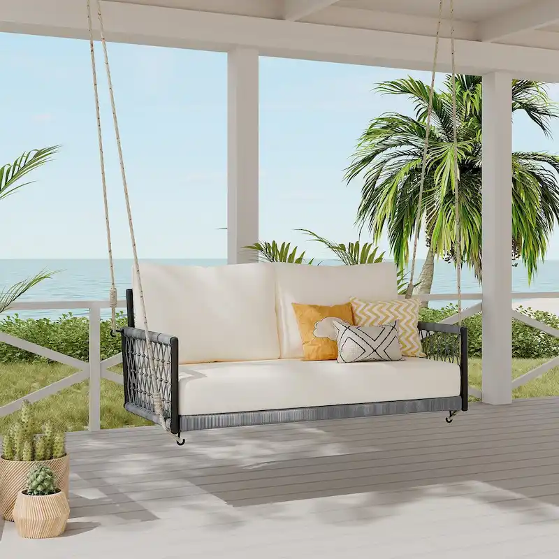 1-Piece Woven Rope Outdoor Swing Sofa with Soft Cushions Seating 2 for Patio, Courtyard and Balcony (Beige)