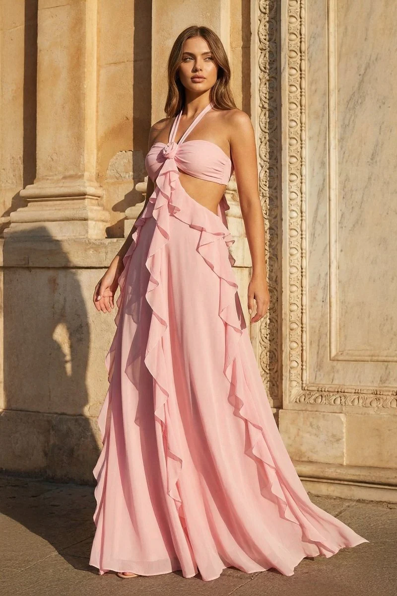 Pink A-Line Halter Chiffon Ruffled Long Prom Dresses With Cut Out