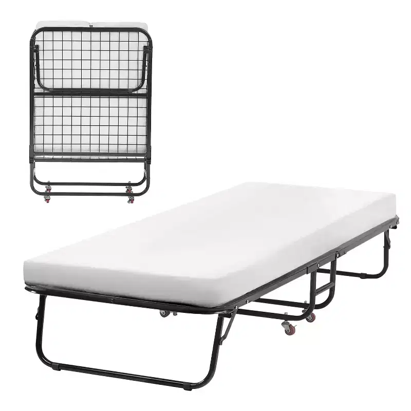 FDW Folding Bed Portable Guest Bed with Comfortable Mattress Sturdy & Built-in Wheels, White