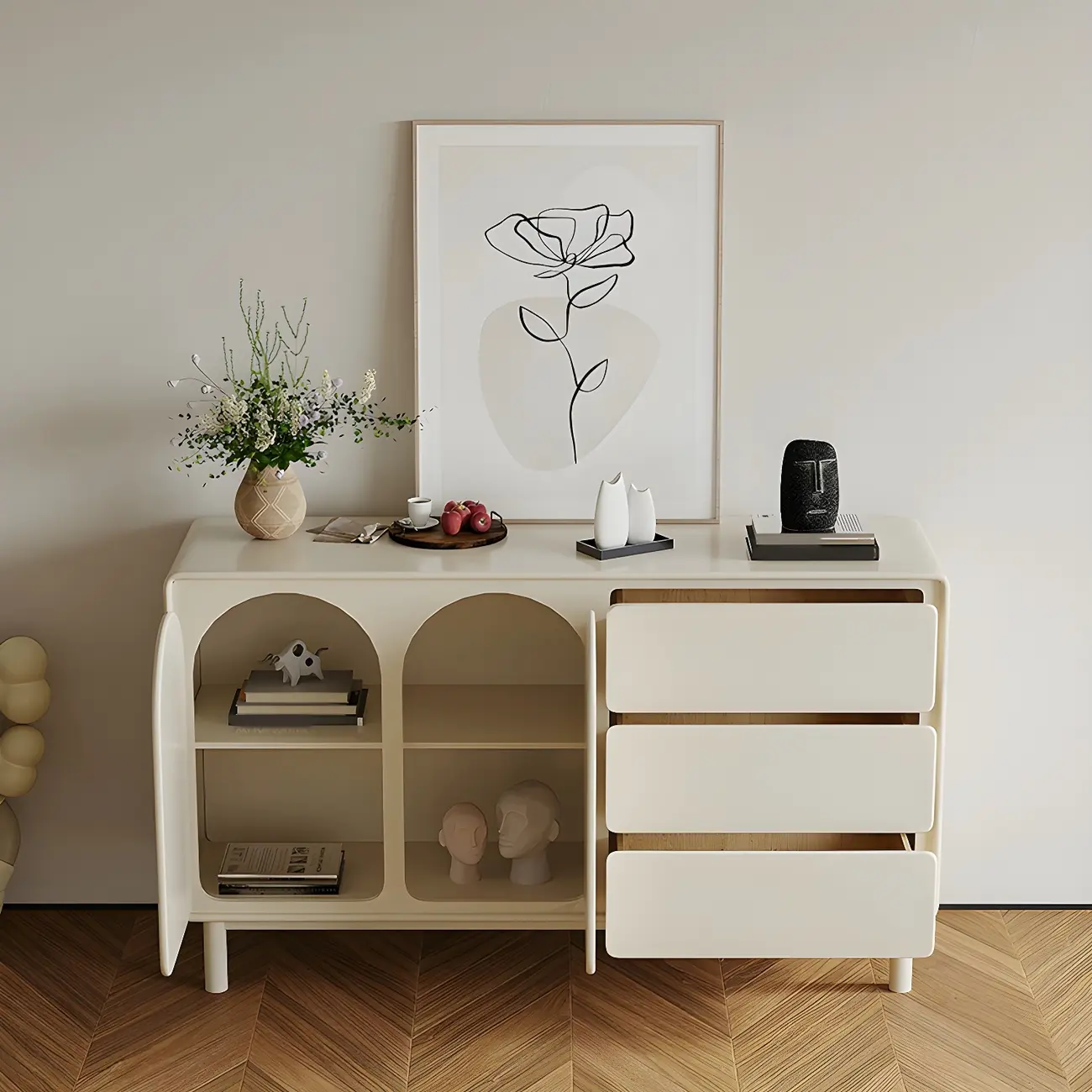 Durable Off-White Wooden Combo Dresser with Shelves