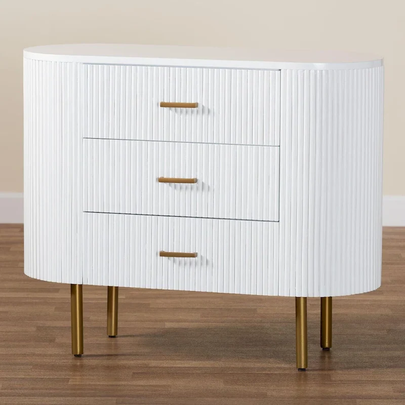 Mid-Century 3-Drawer Dresser | White Fluted Wood & Gold Metal Legs | 39
