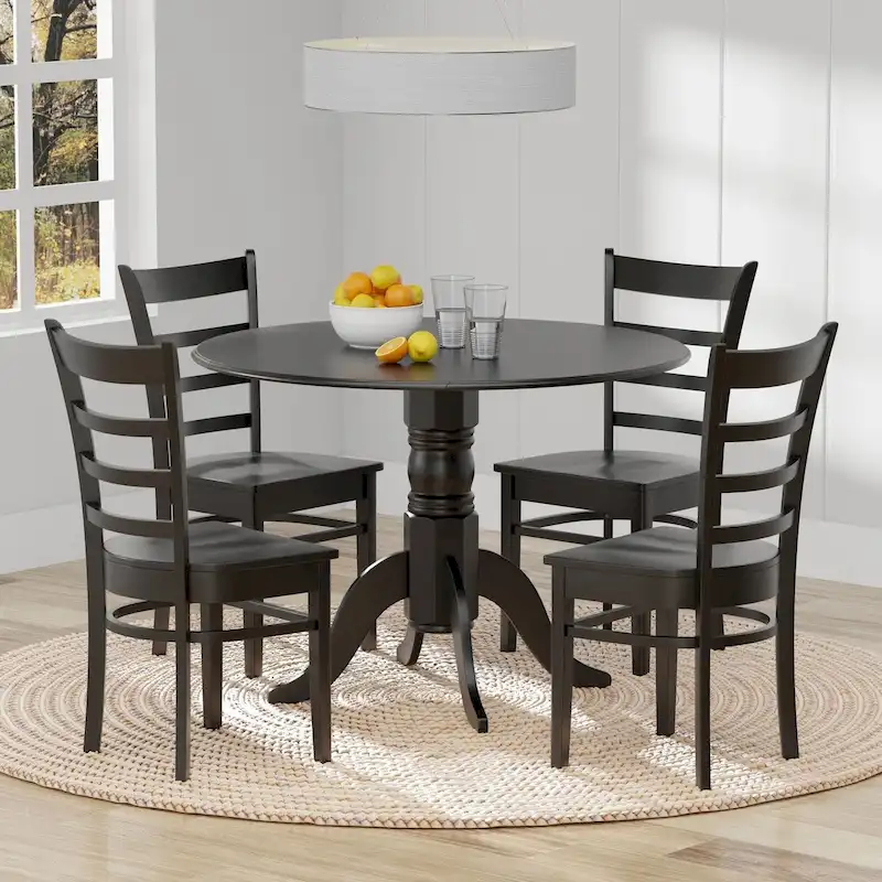 5-Piece Dining Set, 42 Round Drop-Leaf Table and Slat Back Chairs