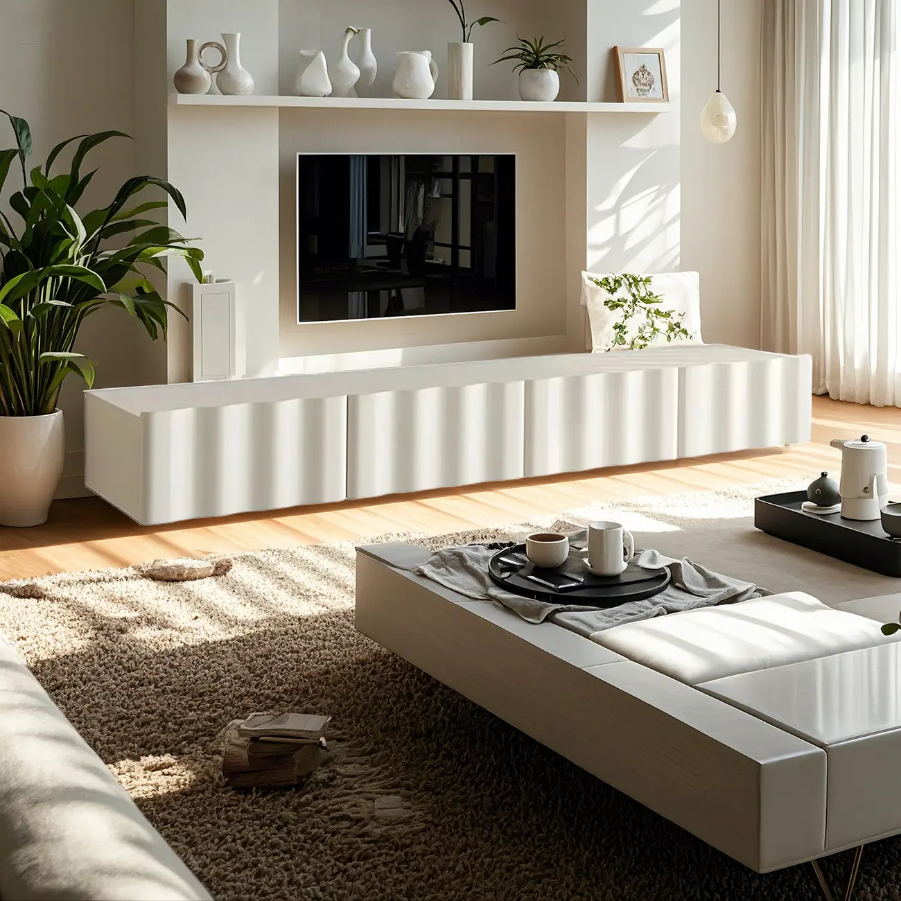 White Modern Wood Wave Textured TV Stand with Storage