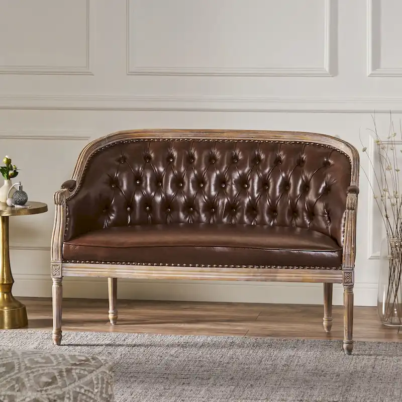 Button-Tufted Upholstered Loveseat with Scrolled Arms and Nailhead Trim