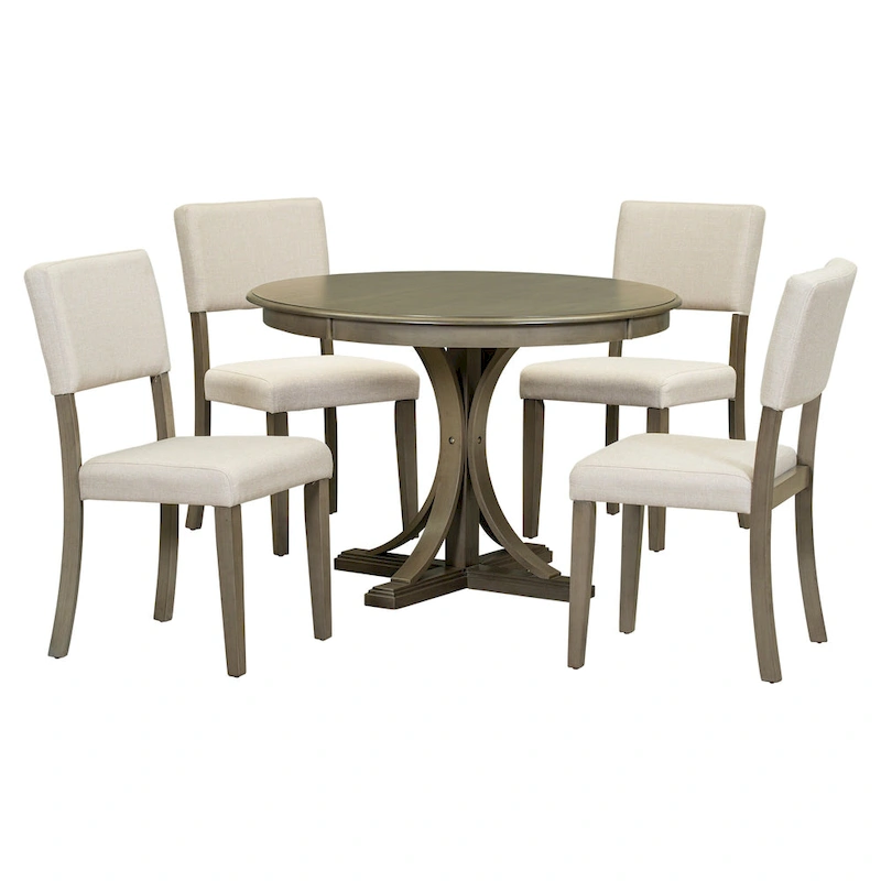 Taupe Retro 5-Piece Wooden Dining Table Set with Curved Trestle Table & 4 Chairs