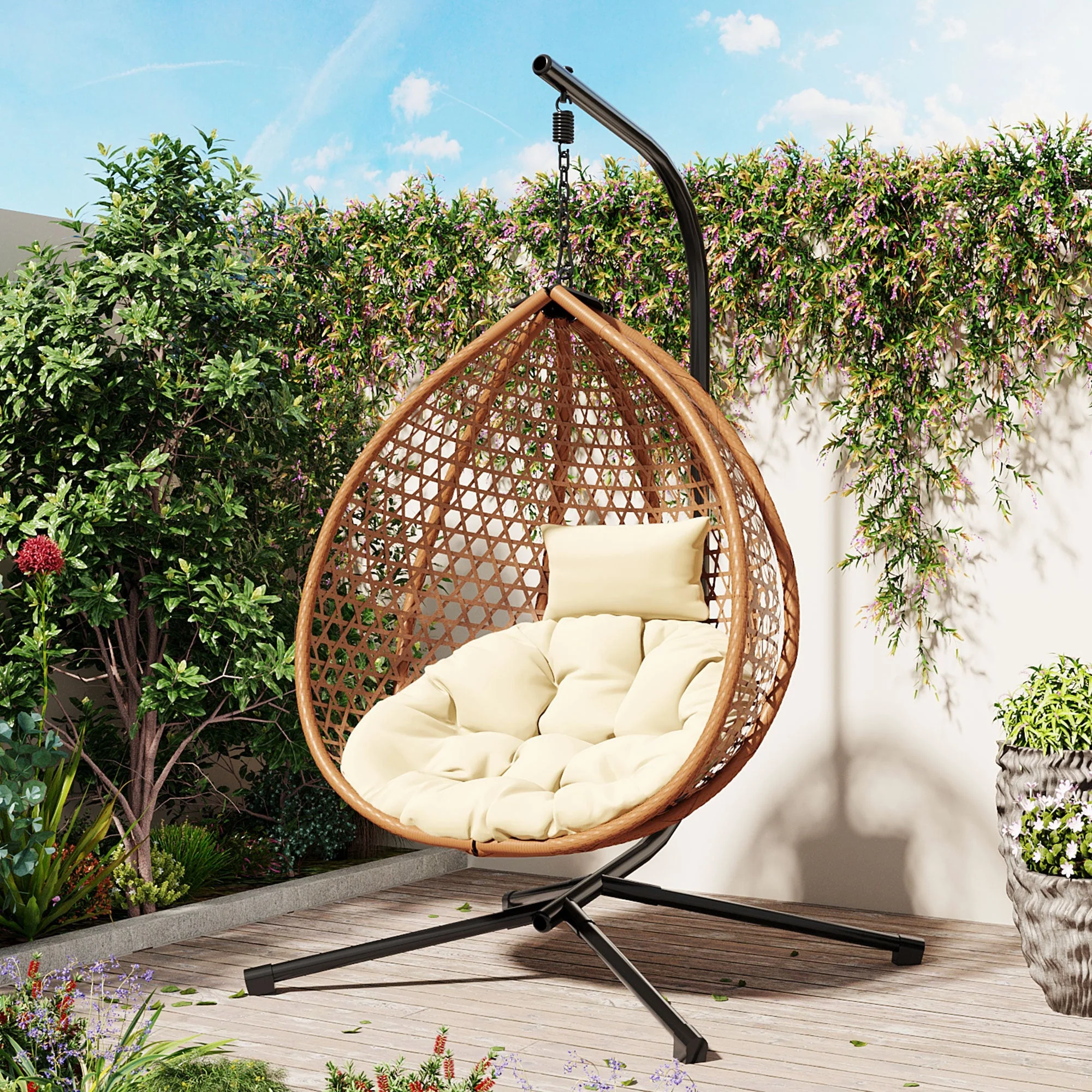 Rattan Weaving Hanging Egg Chair with Stand and Soft Removable Cushion