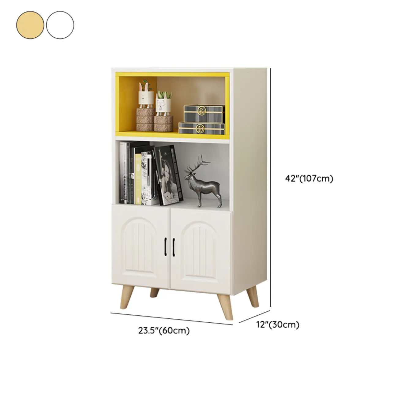Wood 3-Tier White and Yellow Cube Bookcase with Cabinet