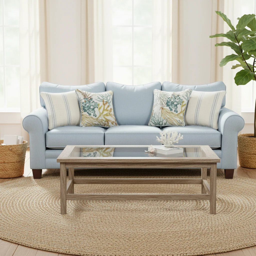 Sky Blue Rounded Arms Queen Sleeper Sofa, 3-Person