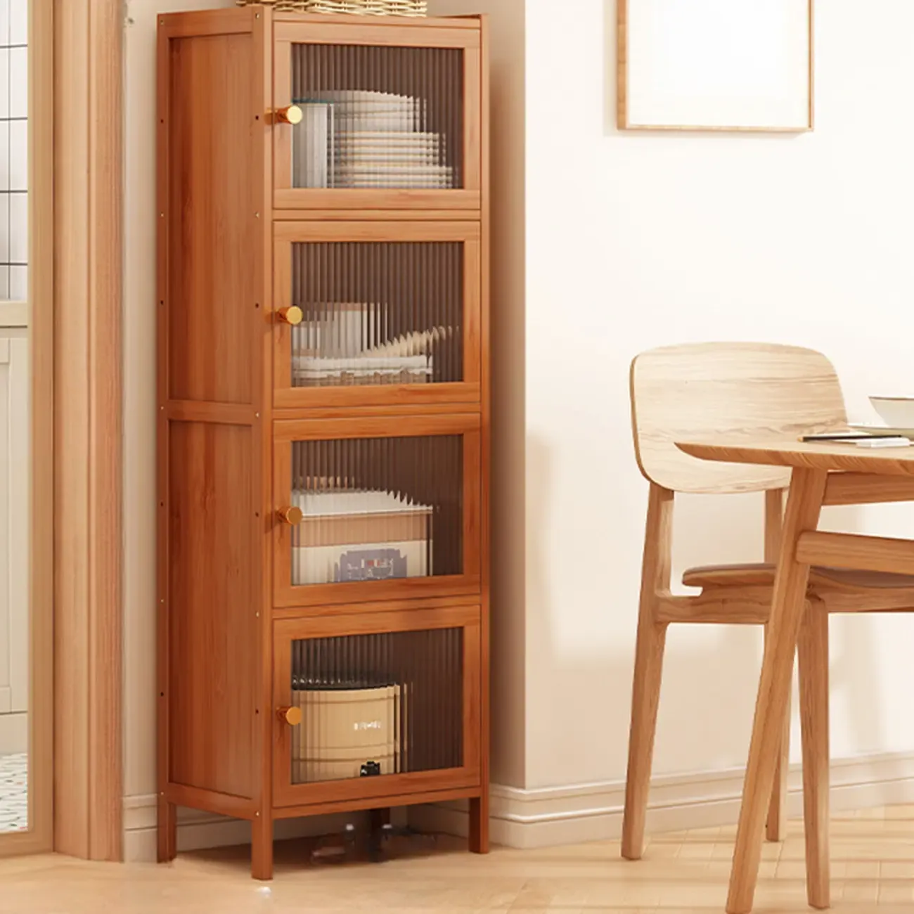 Modern Narrow Bamboo Buffet with Wooden Countertop