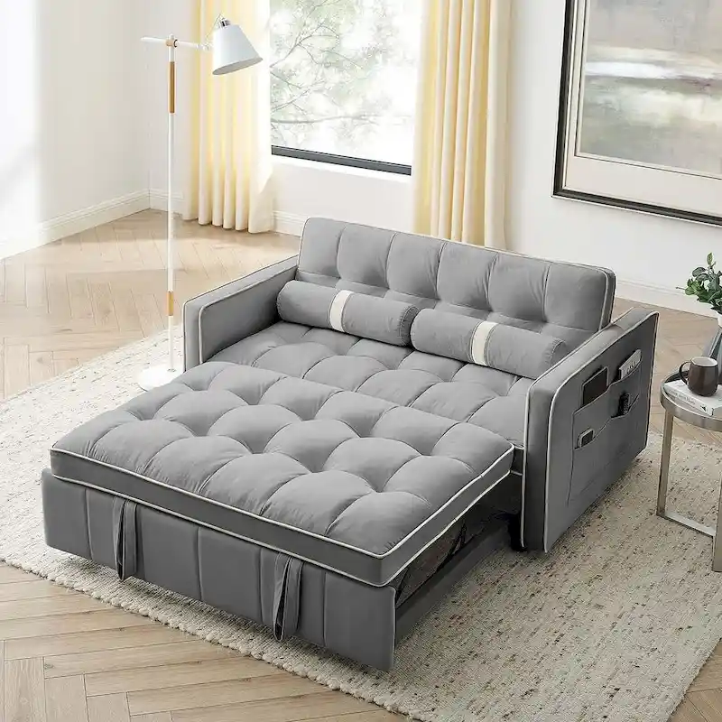Modern 55.5 Velvet Pull-Out Adjustable Sofa Bed with Side Pockets
