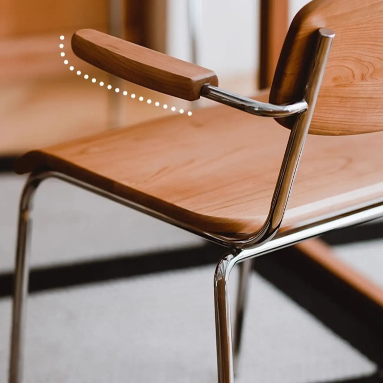 Retro Wooden Dining Chair with Armrests & Chrome Frame