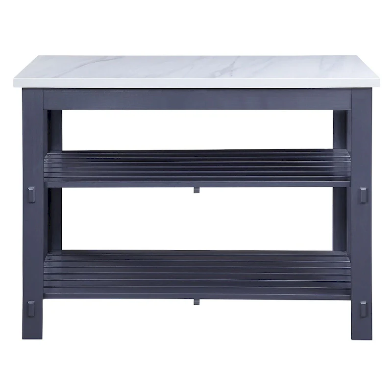 Marble Top Kitchen Island with 2 Open Shelves in White and Gray
