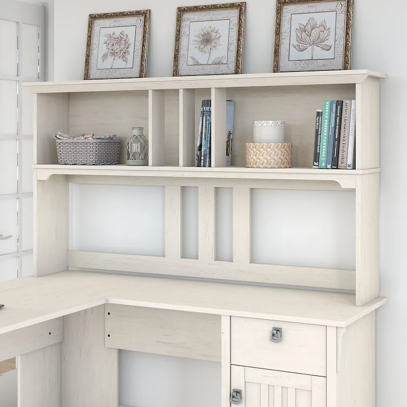 Bush Furniture Salinas Antique White Hutch for L-shaped Desk