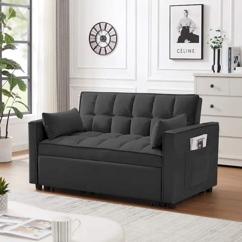 Black 55.2  Velvet Pull-Out Sofa Bed with Toss Pillows and Pockets