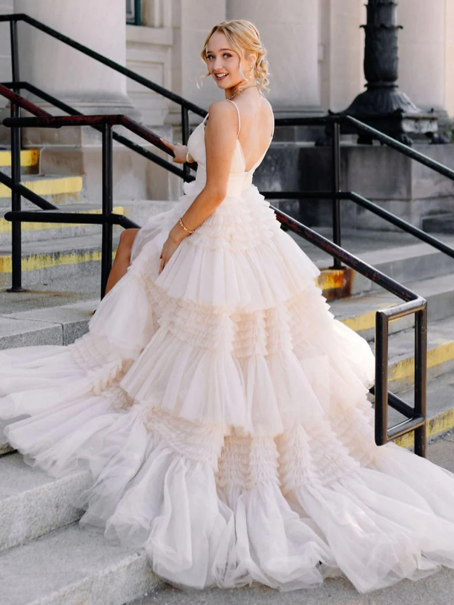 Tulle Deep V Neck Spaghetti Straps Long Prom Dress