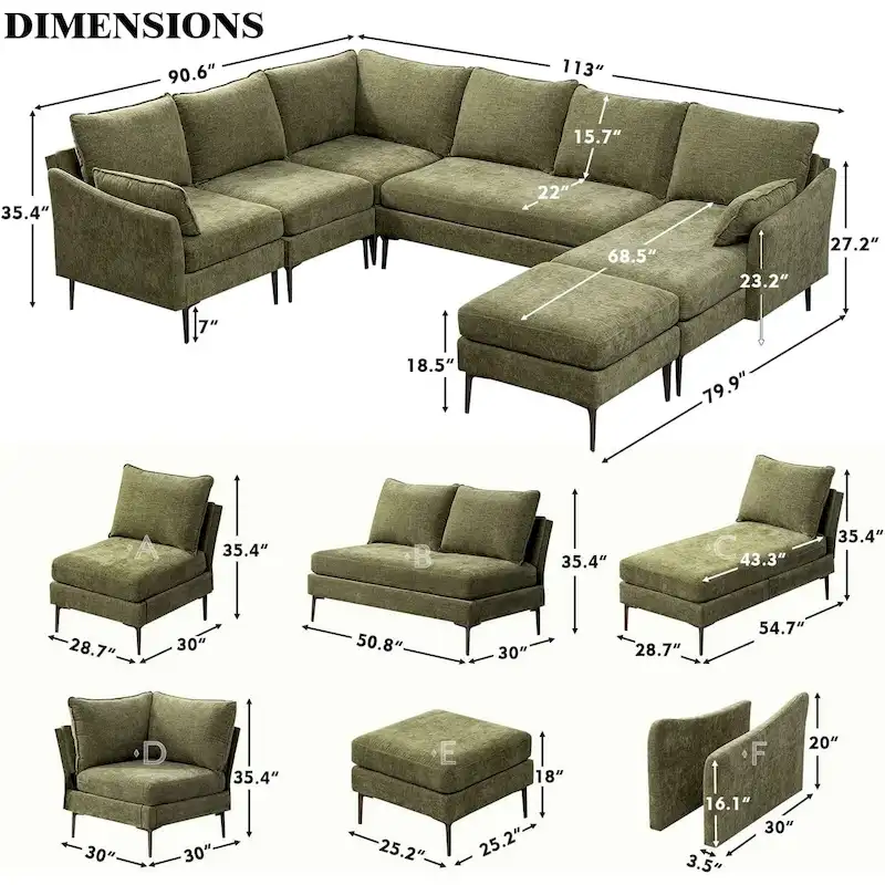U-Shaped 6-Seat Sectional Sofa, Reversible Sleeper in Modern Chenille Design, with Chaise Lounge and Ottoman