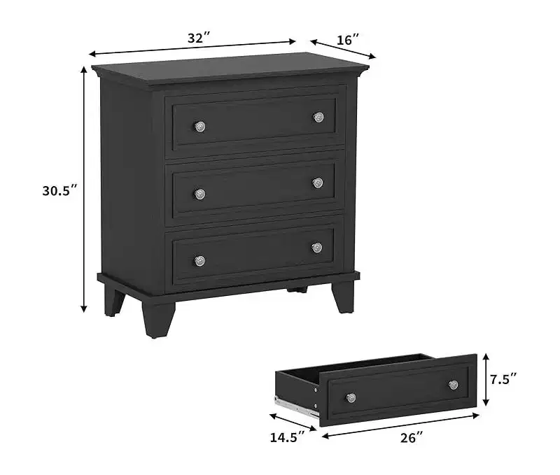 3 Drawer Dresser for Bedroom, Black Wood Chest of Drawers Bedroom Dresser, Rustic Small Drawers Dressers Nightstand Wooden Closet Storage Cabinet