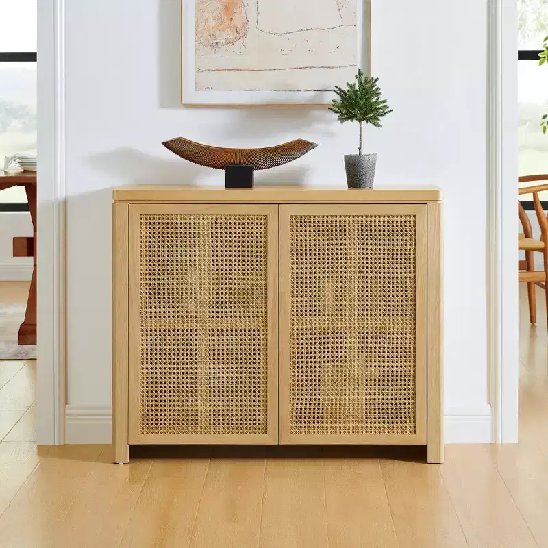 39.4 Modern Rattan-Edged Buffet Cabinet with 2 Outlet Holes, Vintage Storage Unit for Coffee Bar, Entryway, Hallway, Living Room, Kitchen