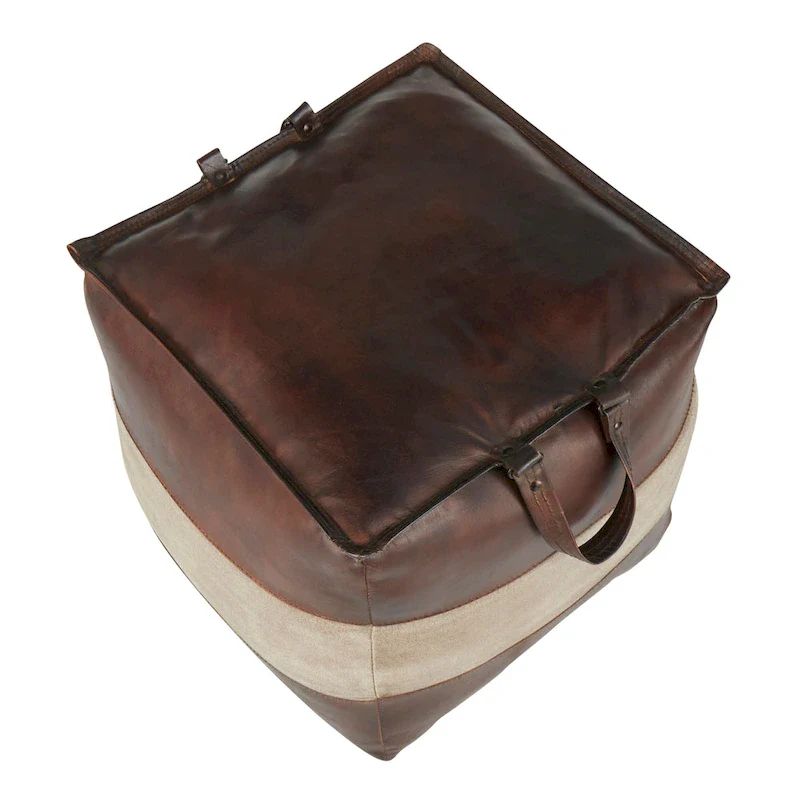 Industrial Pouf Ottoman in Leather and Canvas