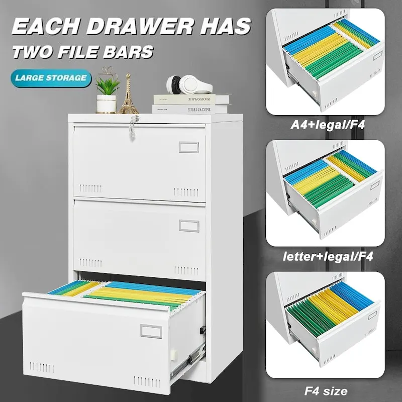 White / Black 3-Drawer Locking Metal File Cabinet — 1 Person Use