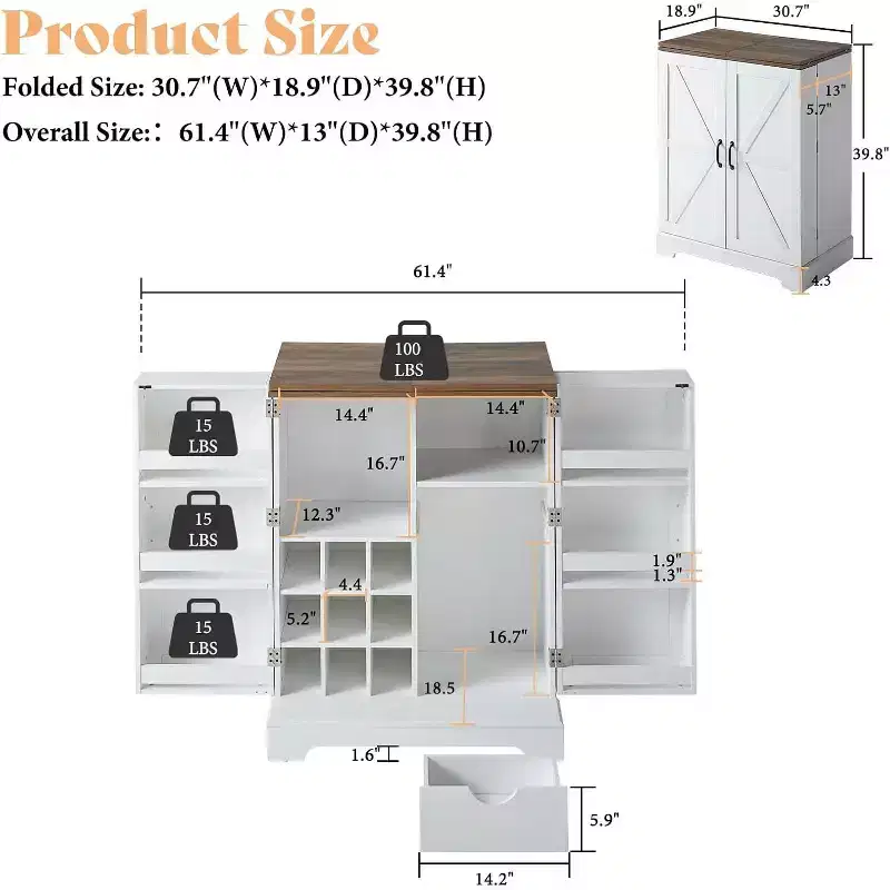 AMERLIFE 61 Farmhouse Bar Cabinet with 9 Wine Racks, Folding Storage Wine Liquor Cabinet, Rustic White