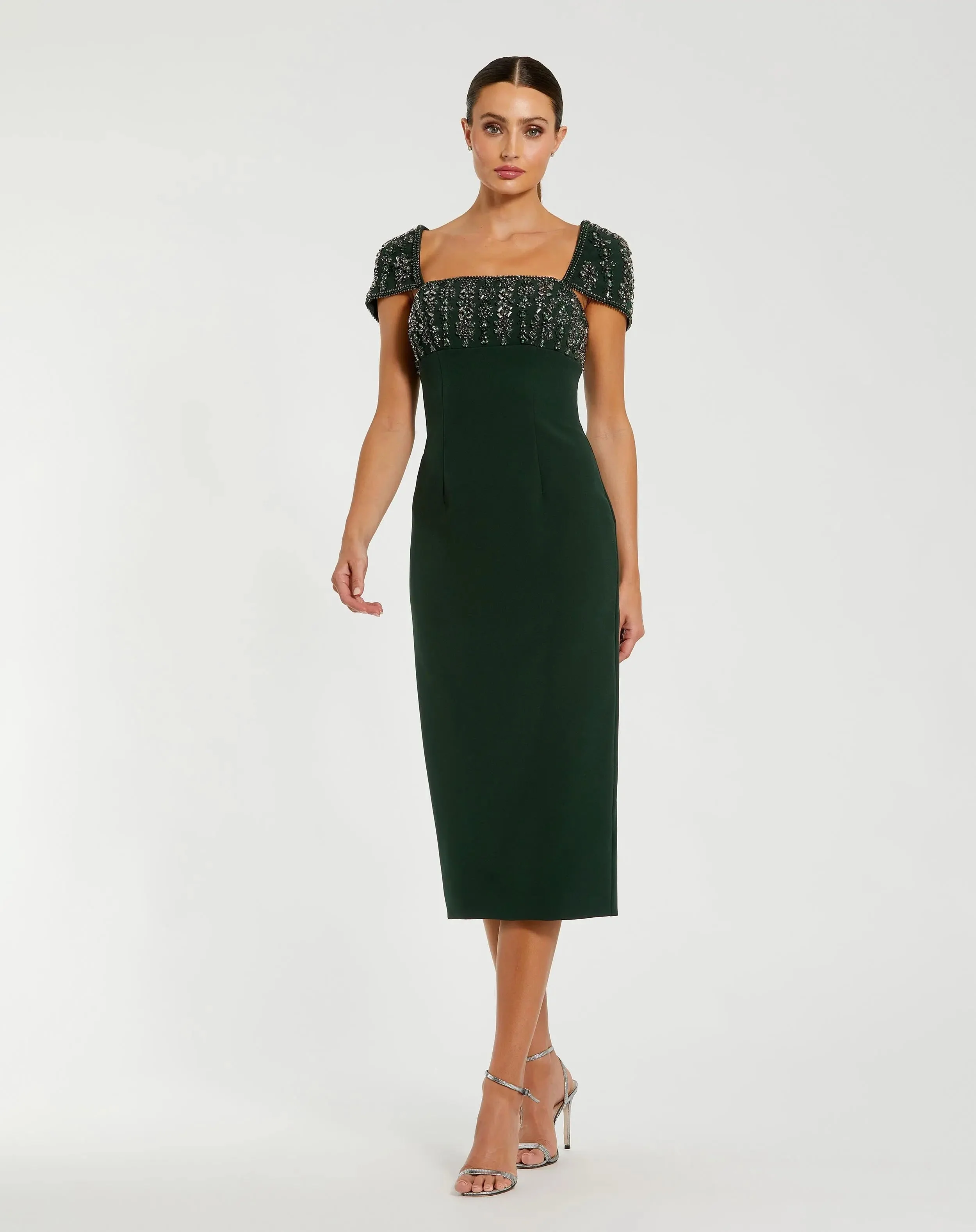 Green Embellished Cap Sleeve Crepe Midi Dress