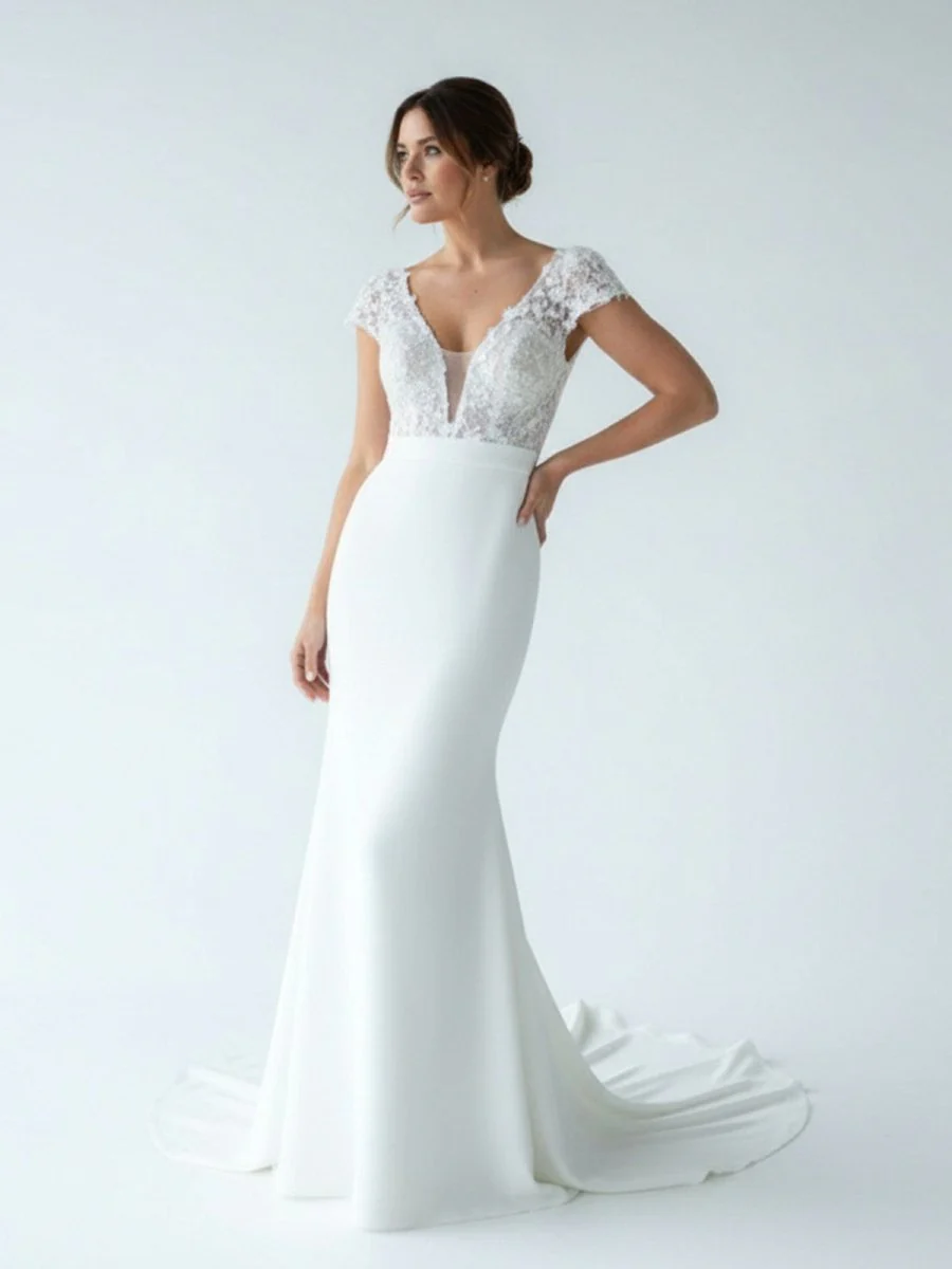 White Floral Applique Plunge V Long Wedding Dress with Short Sleeves