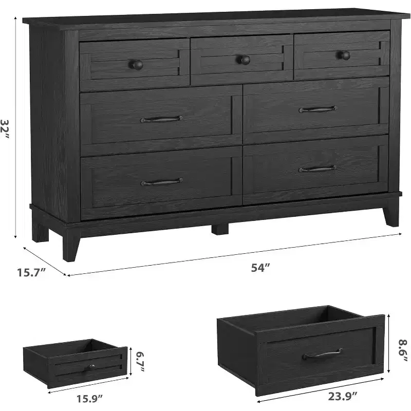 7 Dresser for Bedroom,54 in Wide Drawer Dresser with Storage Freestanding,Wooden Closet Storage Chest for Living Room, Bedroom, Entryway,Black