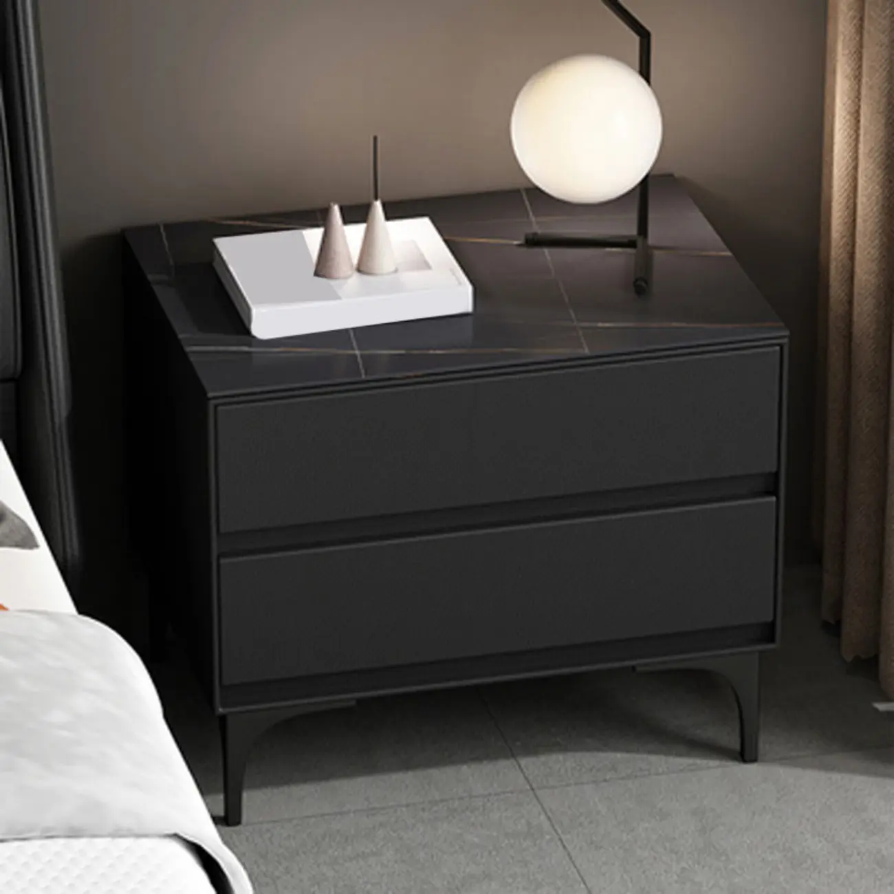 Modern Stone Top Faux Leather 2-Drawer Nightstand