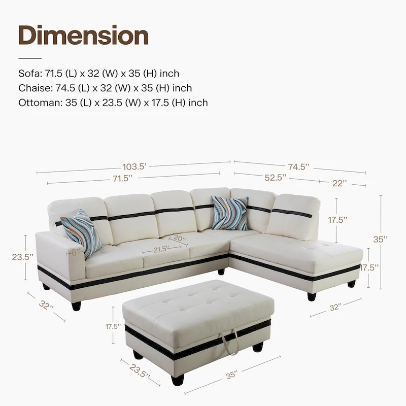 L-Shape Semi PU Leather Living Room Sofa Set with Ottoman,3-Piece