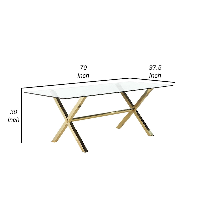 Tia 79 Inch Dining Table, Rectangular Tempered Glass Top, Gold, Clear