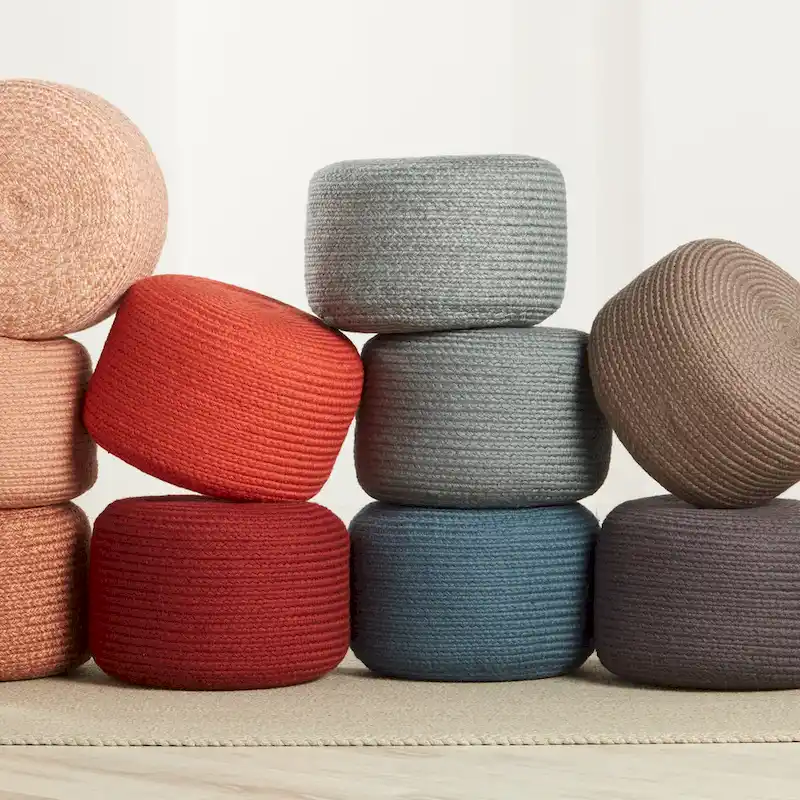 Round Braided Pouf Ottoman, Indoor/Outdoor, 18