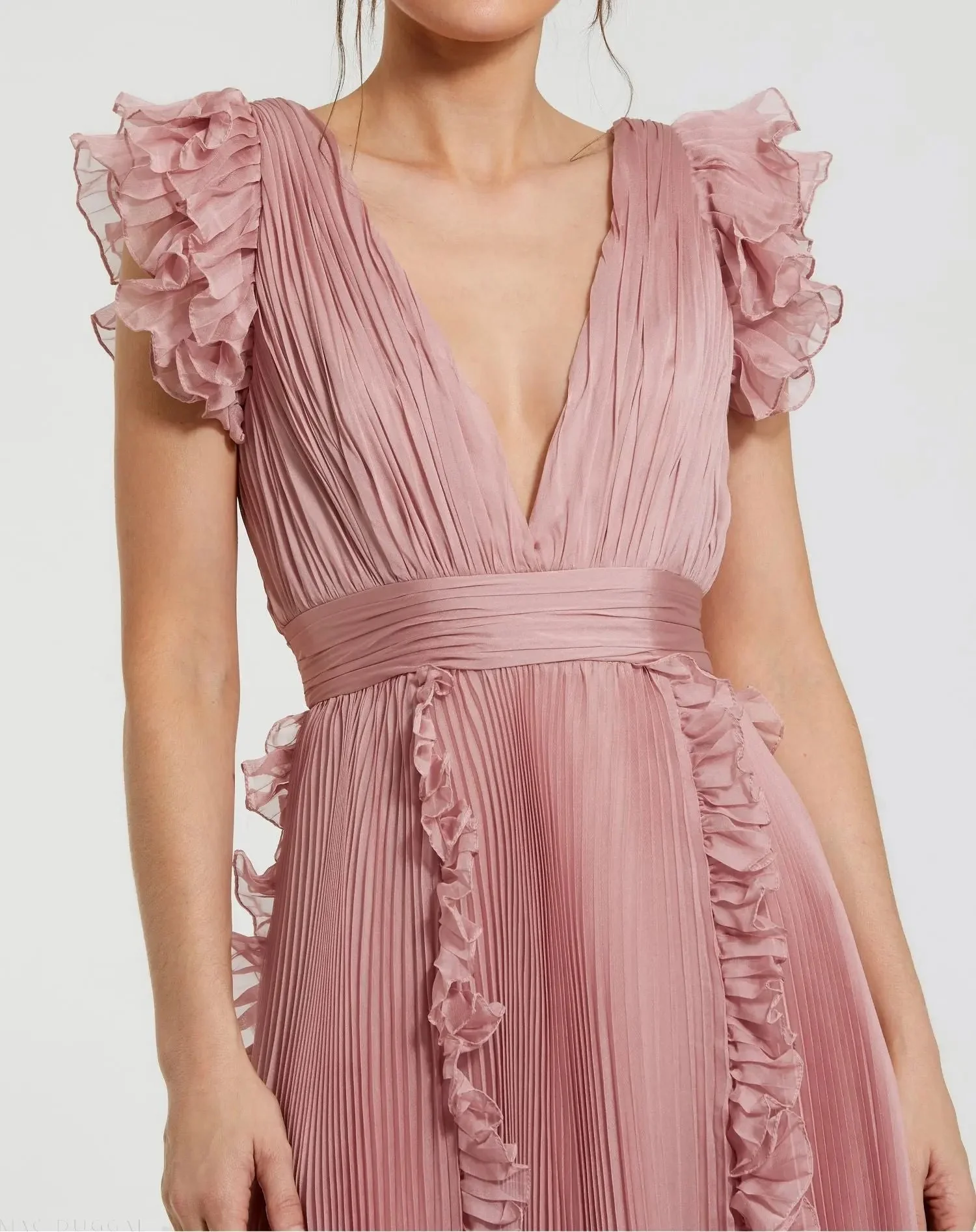 Pink Pleated Chiffon V Neck Ruffle Midi Dress