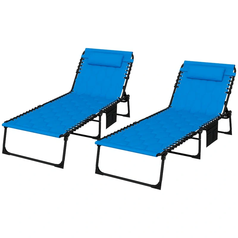 Folding Chaise Lounge Set with 5-level Reclining Back, Lounge Tanning Chair with Padded Seat, Side Pocket & Headrest