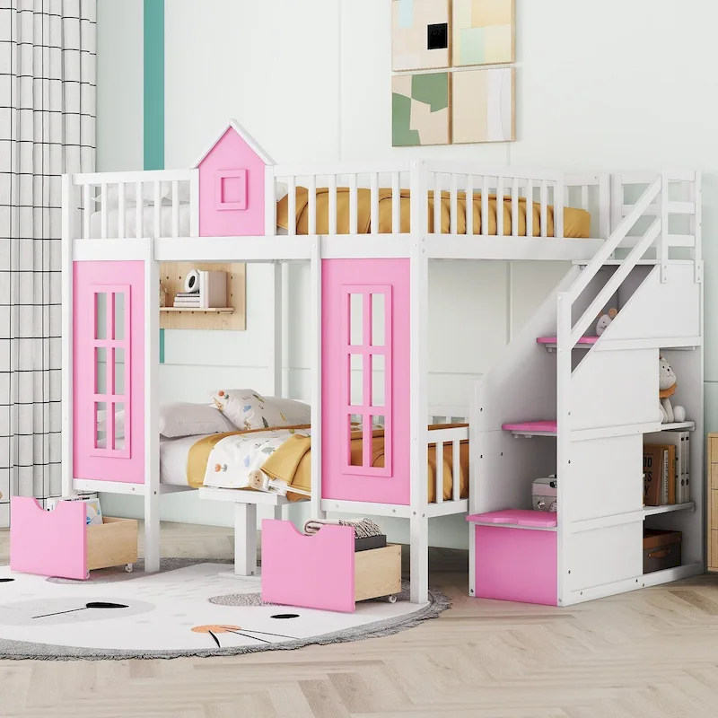 Pink / Gray / White Full-over-Full Loft Bunk Bed with Drawers & Storage Stairs, 2-Person